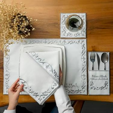 Imagem de Jogo americano bordado com design de rolagem prata, tapetes de mesa de linho branco com borda decorativa, elegante conjunto de roupa de mesa de jantar, jogo americano islâmico, bismillah/Alhamdulillah