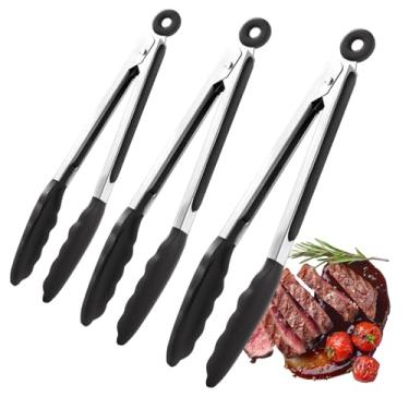 Imagem de Pinça de cozinha – Utensílio antiderrapante – Pinça para grelhar de aço inoxidável com pontas de silicone | para servir saladas domésticas