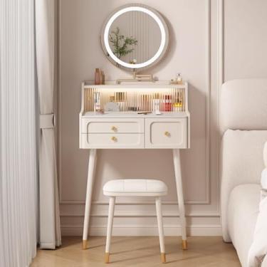 Imagem de Conjunto de mesa com espelho de LED, 3 modos de iluminação, espelho de maquiagem incluído e cadeira moderna, penteadeira pequena para quarto, perfeito para aplicação de maquiagem