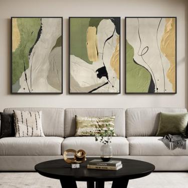 Imagem de Arte de parede abstrata emoldurada grande para sala de estar, pinturas modernas em tela de 3 peças, imagens minimalistas em bloco de cores verdes bege amarelo para corredor, sala de jantar, quarto