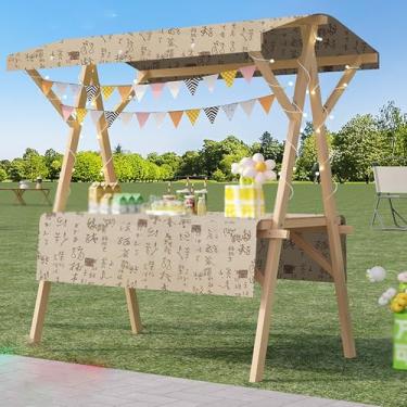 Imagem de Suporte de comida dobrável portátil para eventos de rua e feiras, carrinho de mão de madeira de 150 x 58 cm com rodas, exibição de barraca de mercado de fornecedores ao ar livre, fácil configuração e