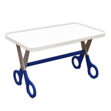 Imagem de Mesa Infantil Tesoura Azul Tampo Branco Retangular Base Temática para Estudos e Desenhos Mobília Decor