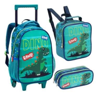 Imagem de Kit Mochila Rodinhas Dinossauro Lancheira Estojo Verde Escolar Infantil Seanite-Masculino