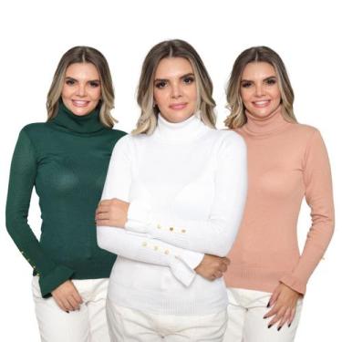 Imagem de Kit 3 Blusas Feminina Manga Longa com Botão Gola Alta Tricô Inverno Ca