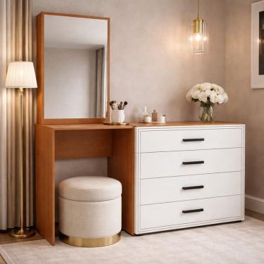 Imagem de Cômoda Penteadeira 4 Gavetas Valência Branco/Freijó