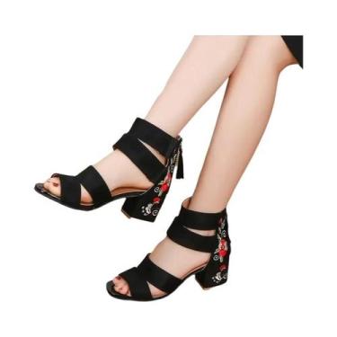 Imagem de Sandálias Femininas Étnicas Bordadas De Salto Médio, Casuais De Verão 