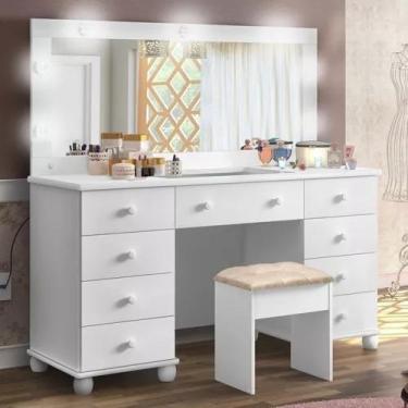 Imagem de Penteadeira Camarim 9 Gavetas -Espelho Leds 100% Mdf Branco +Banqueta 