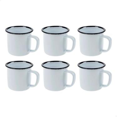 Imagem de Kit Jogo 6 Caneca Esmaltada 350ml Grande Chá Café Branca Cozinha Metal