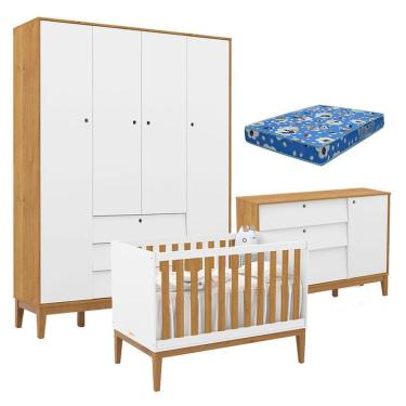 Imagem de Quarto de Bebê Unique 4 Portas 3 Gavetas em MDF 136cm Branco Soft Freijó Eco Wood com C...