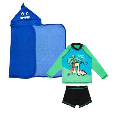 Imagem de Kit Toalha Com Capuz Dino + Conjunto Proteção Solar Menino - Catarinen