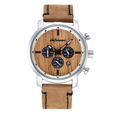 Imagem de Relógio de madeira para homens, relógio de pulso analógico de quartzo, pulseira de madeira feita à mão elegante com mostrador de data, relógio leve, presente masculino, prata