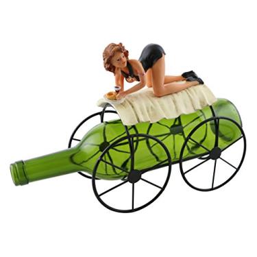 Imagem de Wine Bodies ZK8100 Suporte de garrafa de vinho de metal para menina sexy em pequeno vestido preto se curvando com vinho e rosquinha e estatueta multicolorida de poliresina