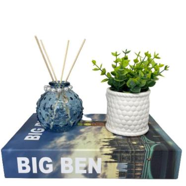 Imagem de Kit decoração livro + vaso de cerâmica + difusor de vidro