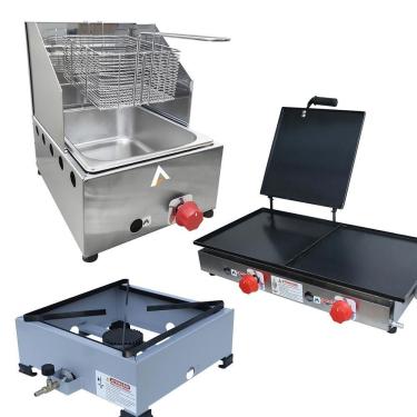 Imagem de Kit Lanchonete Fogão Portátil 1 Boca + Chapa 60cm com Prensa e Fritadeira 1 Cuba 5 Litros Alcamar