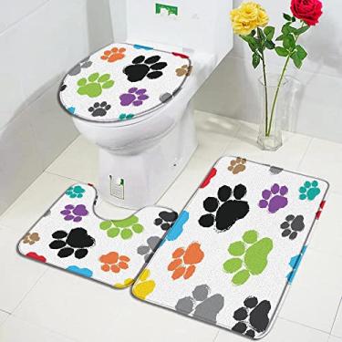 Imagem de Conjunto de tapetes de banho com pegadas de gato e cachorro Tapete de porta de impressão animal para crianças decoração de banheiro antiderrapante Tapete de tampa de vaso sanitário 3 pçs, 62859J, conjunto de 3 pçs, 60x40 cm, conjunto de 3 pçs