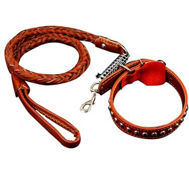 Imagem de Foern Conjunto de coleira e coleira de couro clássico, gola durável com fivela ajustável, acolchoamento interno macio e anel em D de ferragem de liga para cães grandes, marrom, G