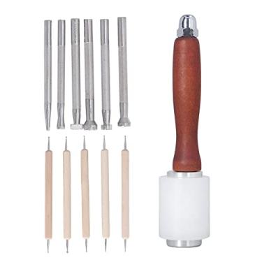 Imagem de 6 PeçAs Ferramentas de Estampagem de Couro, 5x Caneta de Rastreamento de Couro, 1x Martelo de Nylon de Madeira, Conjunto de Ferramentas de Trabalho de Artesanato de Couro DIY para Fabricação de Selas