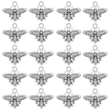 Imagem de Pacote com 20 berloques de abelha de metal esmaltado banhados a prata com strass pulseiras feitas à mão brincos colares pingentes descobertas joias faça-você-mesmo artesanato 20 x 17 mm