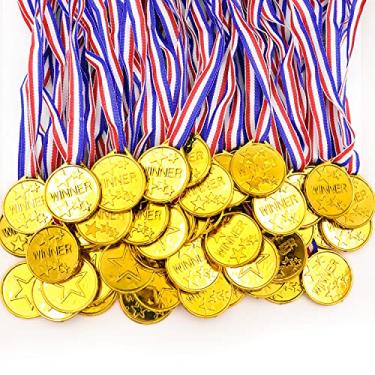 Imagem de Darovly 50 medalhas de prêmio de plástico dourado com colares de fita para esportes, jogos, competições, prêmios de estudantes, show de talentos, festas, lembrancinhas de festa ou decoração