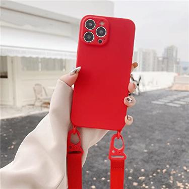 Imagem de Colar tiracolo de cor sólida de luxo com cordões capa flexível para iphone 13 12 11 Pro Max XR X XS 7 8 plus SE 3 Capa MiNi, vermelho, para iPhone 12 ProMax