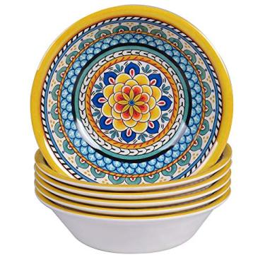 Imagem de Tigelas multiuso de melamina Portofino de 19 cm – Conjunto de 6, design floral mediterrâneo vibrante, leve e resistente à quebra, pode ser lavado na lava-louças, bom para massas, sopas, saladas e