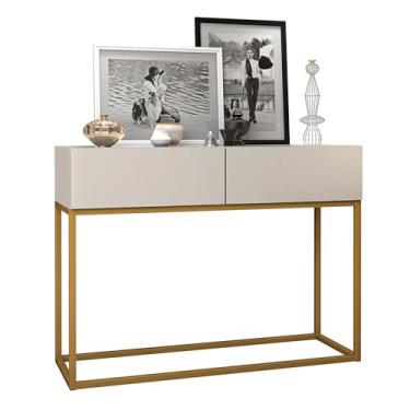 Imagem de Aparador Eros Buffet 90cm Para Hall de Entrada Cantinho do Café Pé de Ferro Dourado Industrial Com 2 Gavetas (Off White)