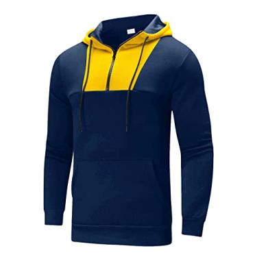 Imagem de Moletom masculino com zíper para esportes de inverno suéter top e lazer decote zíper color block suéter moletom com capuz, Azul-marinho, 3G