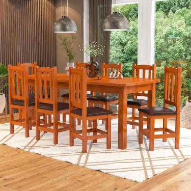 Imagem de Mesa De Jantar Com 8 Cadeiras Estofadas Madeira Maciça 200cm Marrom Safira Nemargi
