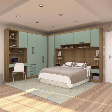 Imagem de Quarto De Canto Casal Com Guarda Roupas Cabeceira E Bancada Home Office Paris Luciane Móveis Avelã Pf Com Verde Pf