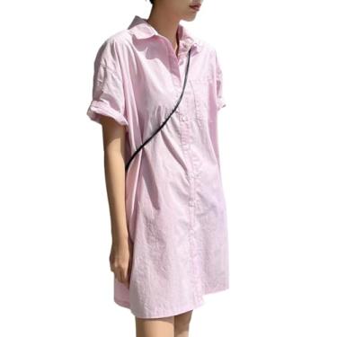 Imagem de Camisa Feminina Solid Drop Shoulder Button Front Shirt Dress (Color : Baby Pink, Size : L)