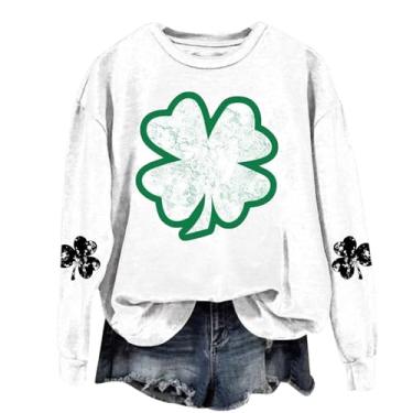Imagem de Camiseta feminina do Dia de São Patrício na moda irlandesa gola redonda manga longa trevo bonito engraçado moletom gráfico grande trevo, Branco, 3G
