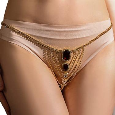 Imagem de Calcinha sexy vermelha com strass, tanga, cintura de cristal, biquíni, corrente corporal, joias, roupa íntima, fio dental para mulheres (ouro 5)