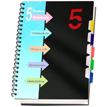 Imagem de CAGIE Caderno espiral 21 x 28 cm com divisores Caderno de 5 assuntos com abas, capa dura pautada larga B5 caderno espiral para anotações, material escolar, 220 páginas, preto