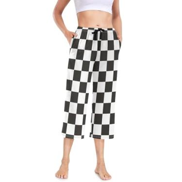 Imagem de KLL Calça feminina casual cropped para dormir, calça de moletom ajustável, preta, xadrez, Quadro xadrez preto, G