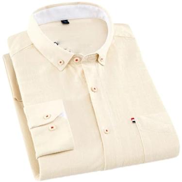 Imagem de ZMIN Camisa masculina slim fit de algodão de linho de manga comprida com bolso único de botão para o verão camisa casual lisa fina, Bege, G