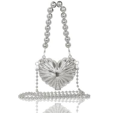 Imagem de Ledander Bolsa feminina pequena em forma de coração para noite bolsa tiracolo pequena para festa de casamento e noite, Prata