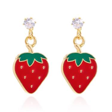 Imagem de Brincos de morango para mulheres, esmaltado, fruta, morango, banhado a ouro 14 k, comida, morango, joias, acessórios, presentes, Zinco, Strass
