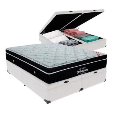 Imagem de Cama Box Baú Bipartido King Branco e Colchão Elegant Superpocket Molas