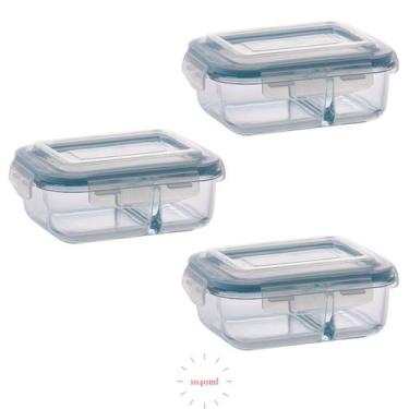 Imagem de Jogo 3 Potes Vidro Com Divisória Hermético  Marmita 1040 ml - PRATICAS