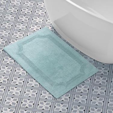 Imagem de Laura Ashley - Tapete de banho de algodão reversível, decoração de banheiro premium, tapete de banheiro lavável à máquina, altamente absorvente, 53 x 86 cm, água-marinha