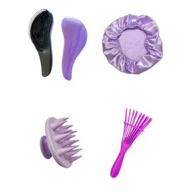 Imagem de Kit Escova Polvo com Massageador Silicone e Touca de Cetim para Cabelo