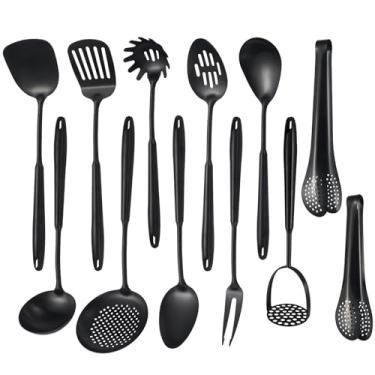 Imagem de Conjunto de utensílios de cozinha 304 Stainlss de aço fosco, 12 peças de utensílios de cozinha longos de metal com espátula, concha, concha, escumadeira, afinador, servidor de massa, pinças (preto,