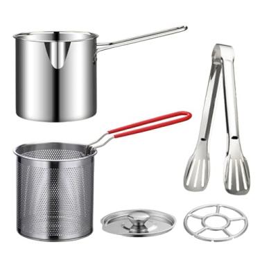 Imagem de Frigideira funda com cesta e alça, frigideira de aço inoxidável mini frigideira panela de sopa com pinça e tampa Fritadeira Tempura japonesa Fritadeira fritadeira para peixe, camarão, frango e batatas