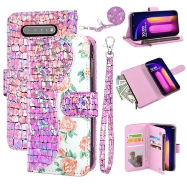 Imagem de Dibosom Capa carteira floral para LG V60 ThinQ V60ThinQ 5G G9 Thin Q com alça de pulso alça de ombro flip zíper bolsa porta-cartão, suporte glitter Bling capa de celular para LGV60 V 60 60ThinQ 60V
