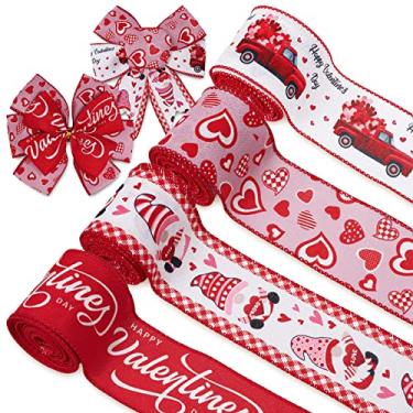 Imagem de AnyDesign Fita de borda com fio para dia dos namorados 6,35 cm coração vermelho rosa amor caminhão de gnomo fita de tecido doce aniversário de casamento fita para artesanato de guirlanda de arco faça você mesmo, 24 jardas