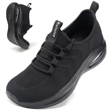 Imagem de Rollstep Tênis feminino de largura extra larga com amortecimento de ar, tênis de corrida ultraleve, academia, treino, treino, respirável, com suporte de arco, Todo preto, 11 Wide