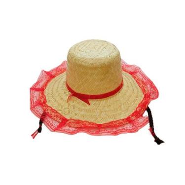 Imagem de Chapéu de Palha de Renda com Trança - Vermelho com Trança Marrom - 1 u