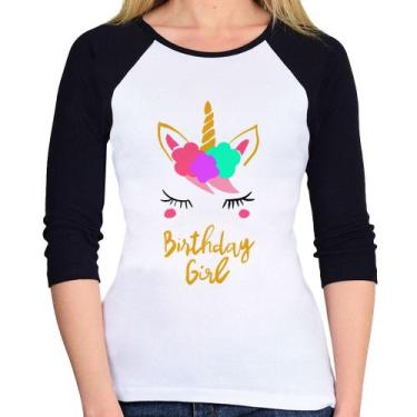 Imagem de Baby Look Raglan Birthday Girl Manga 3/4 - Foca na Moda, Branco, Preto
