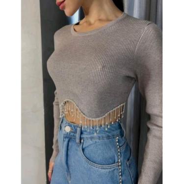 Imagem de Cropped Gola Alta Canelado Manga Longa Comprida - Juh Store, Cinza