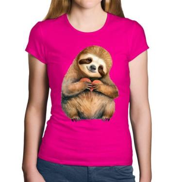 Imagem de Baby Look Algodão Bicho Preguiça Coração - Foca na Moda, Rosa, G